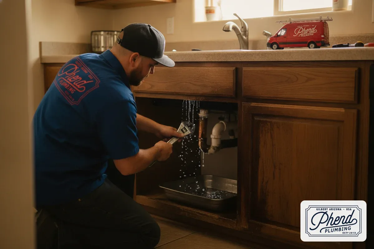 Licensed plumber repairing a burst copper pipe under a kitchen sink in a Gilbert Arizona home