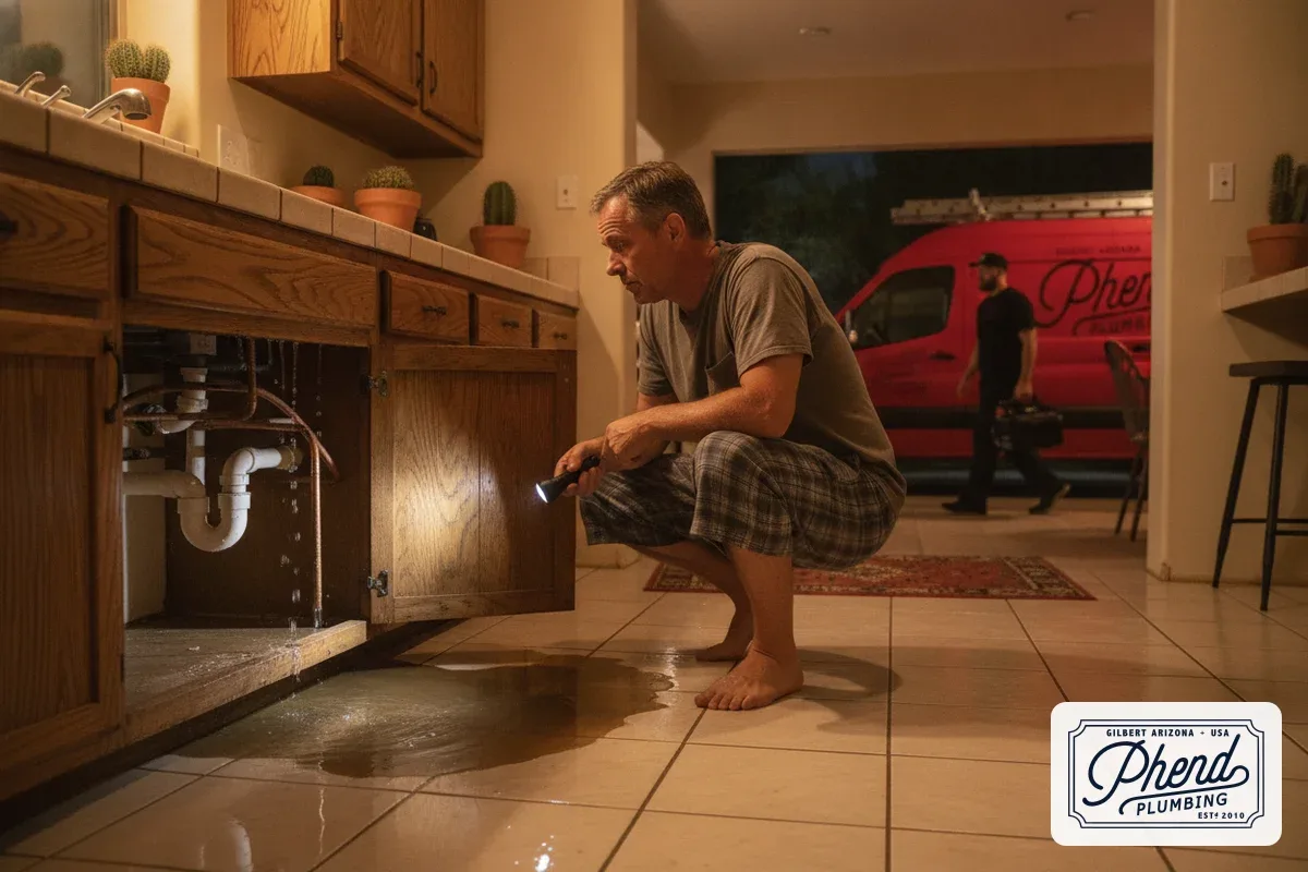 Homeowner discovering a burst pipe under the kitchen sink late at night in a Mesa Arizona home