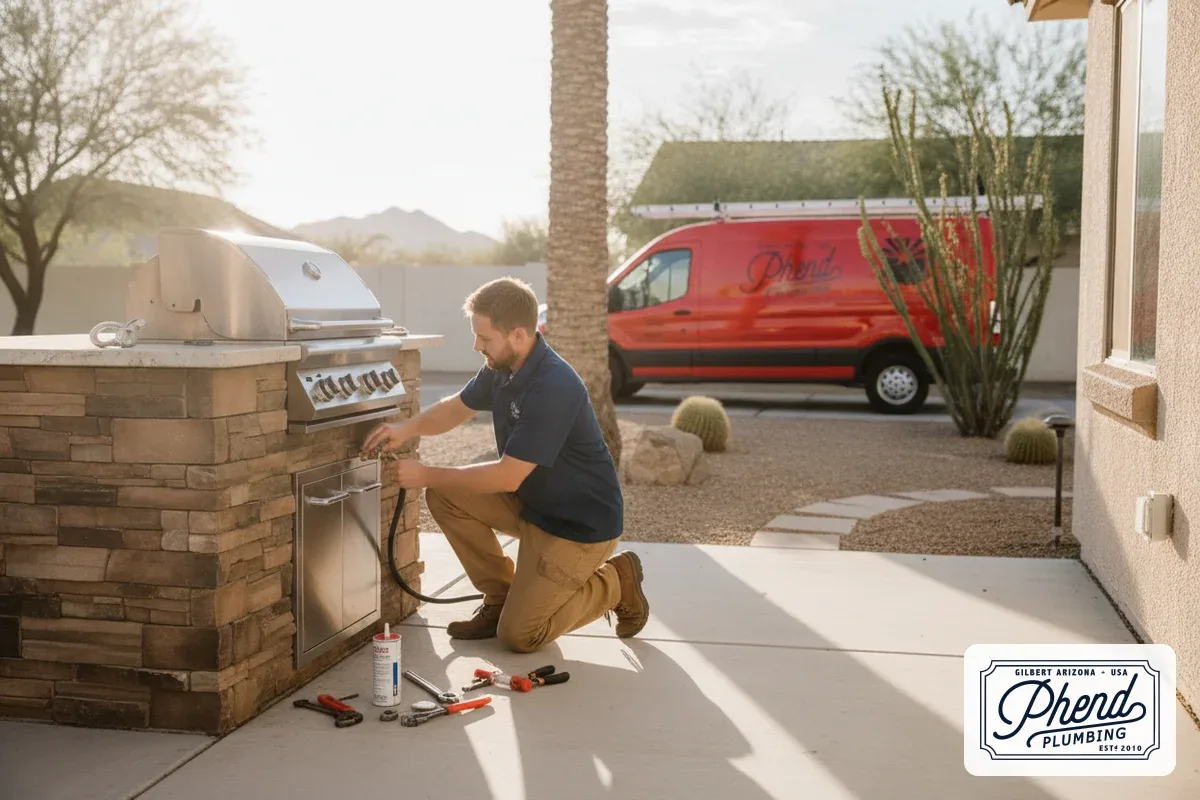 Licensed plumber connecting a natural gas line to an outdoor BBQ in a Chandler Arizona backyard