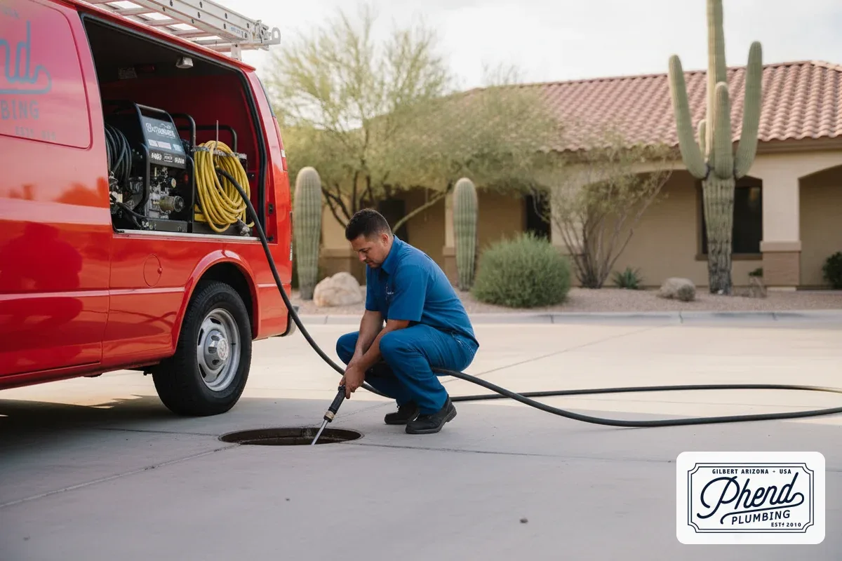 Phend Plumbing technician performing hydro jetting drain cleaning at a commercial property in Chandler, Arizona