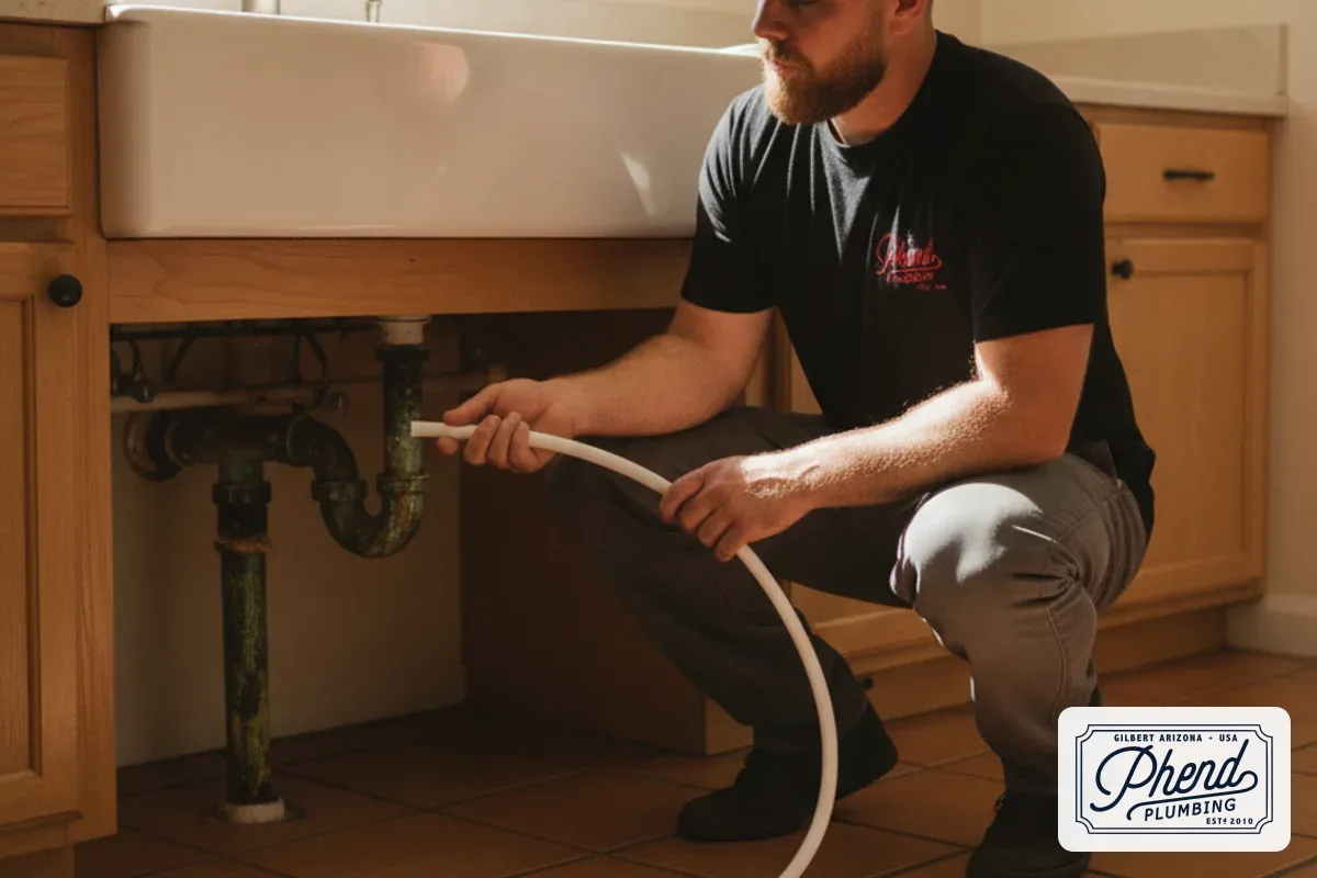 Plumber comparing PEX tubing and corroded copper pipe under a kitchen sink in an Arizona home
