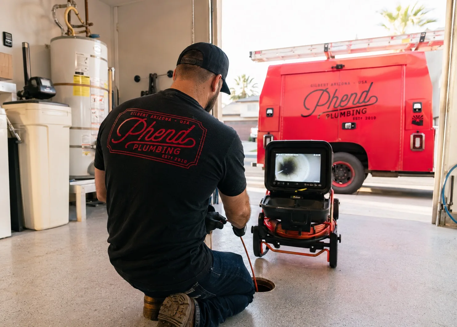 Phend Plumbing technician running a sewer camera inspection with live pipe footage on the monitor