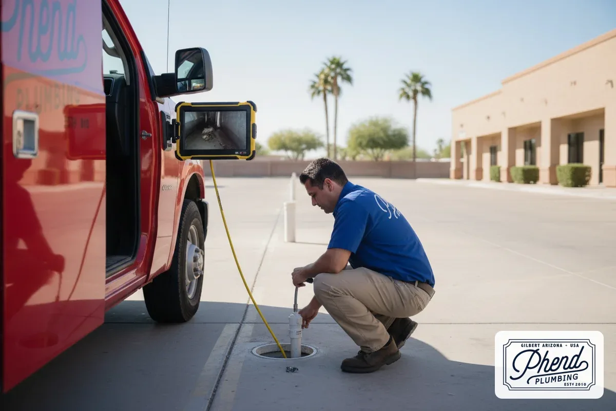 Plumber performing a sewer line camera inspection at a commercial property in Gilbert, Arizona