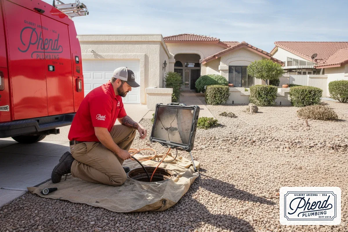 Plumber inspecting sewer line with camera equipment in a Mesa Arizona backyard