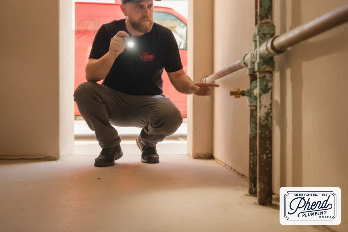 Plumber inspecting corroded copper pipes inside a Mesa Arizona home during a repipe evaluation