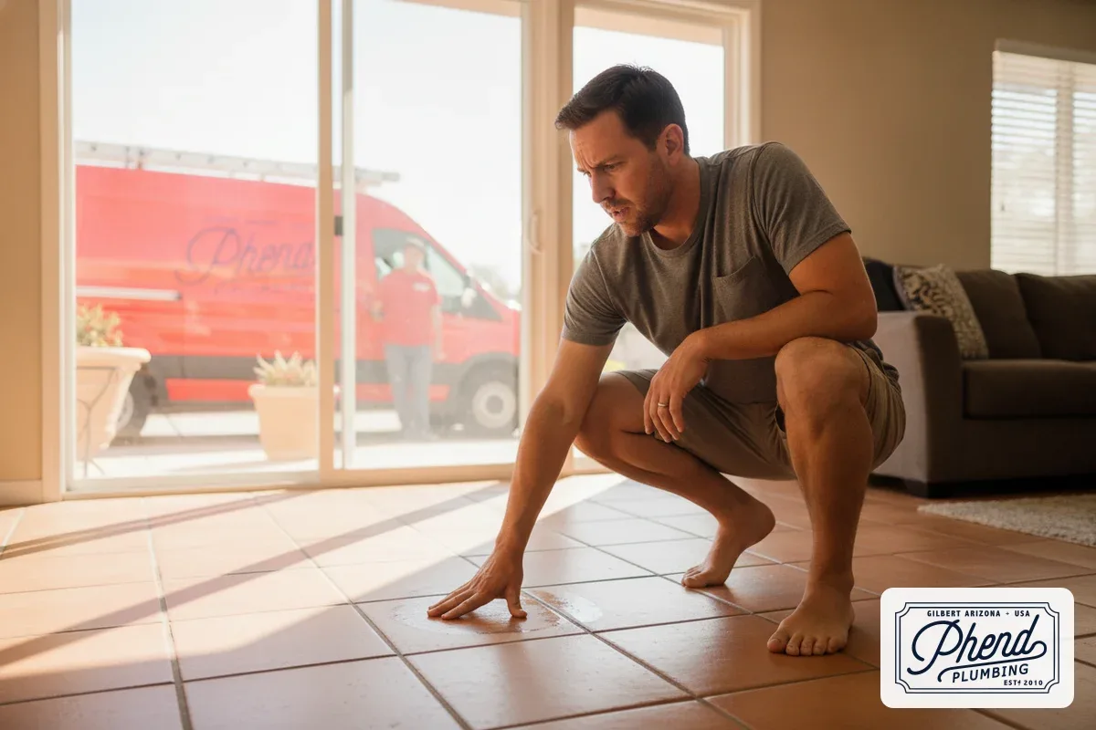 Mesa homeowner feeling warm spot on tile floor that may indicate a slab leak