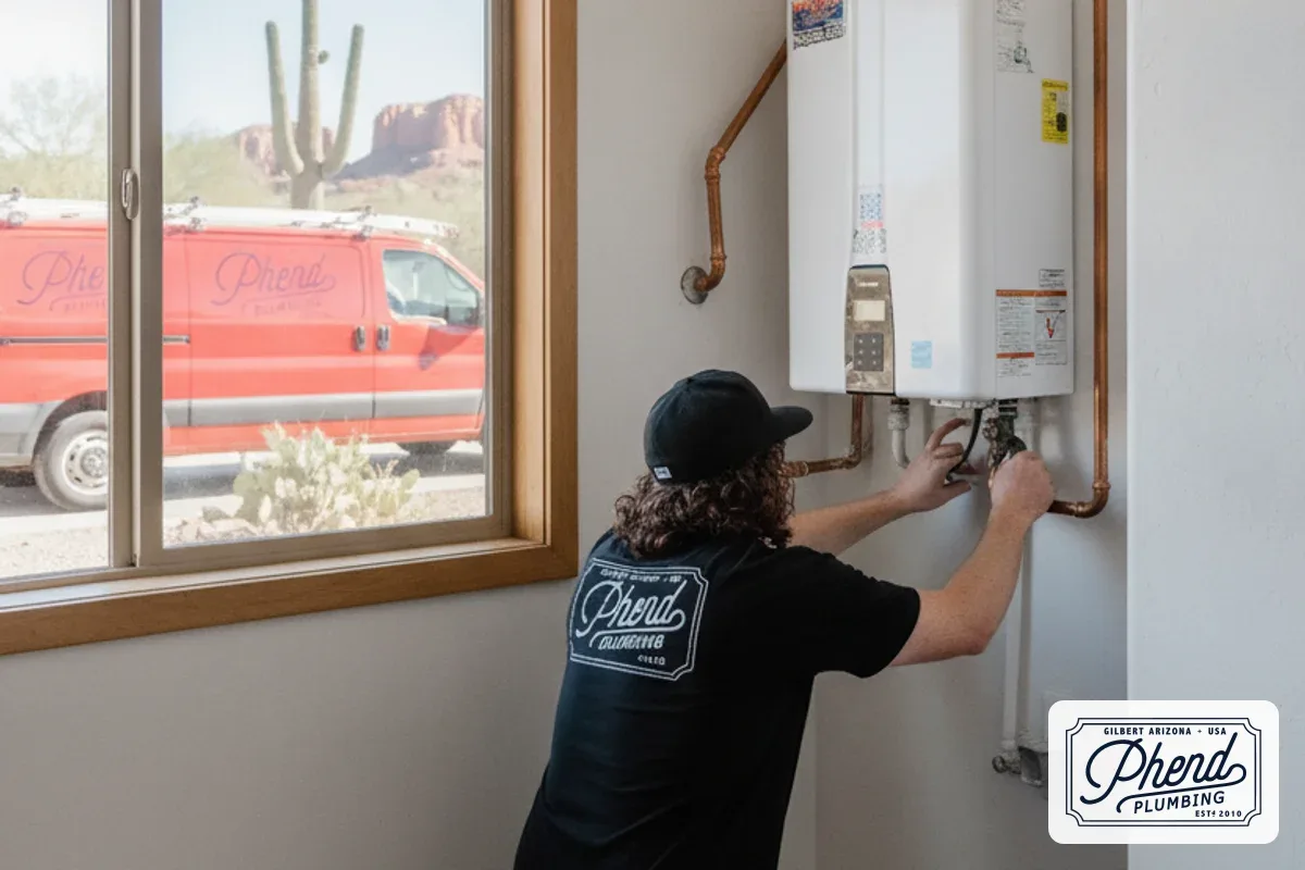 Plumber installing a tankless water heater in a Gilbert, Arizona home
