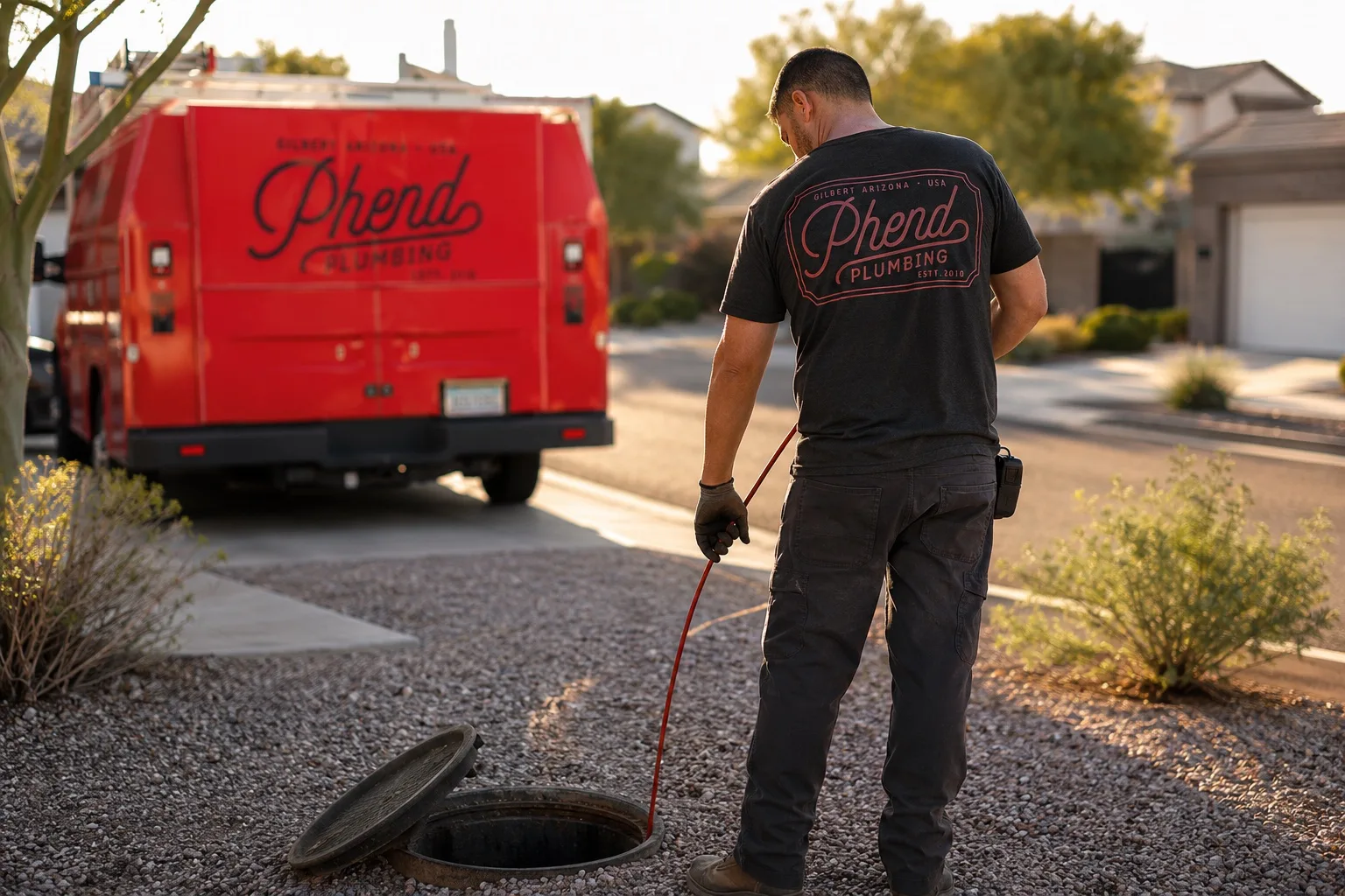 Phend Plumbing technician feeding trenchless liner equipment into a residential sewer cleanout