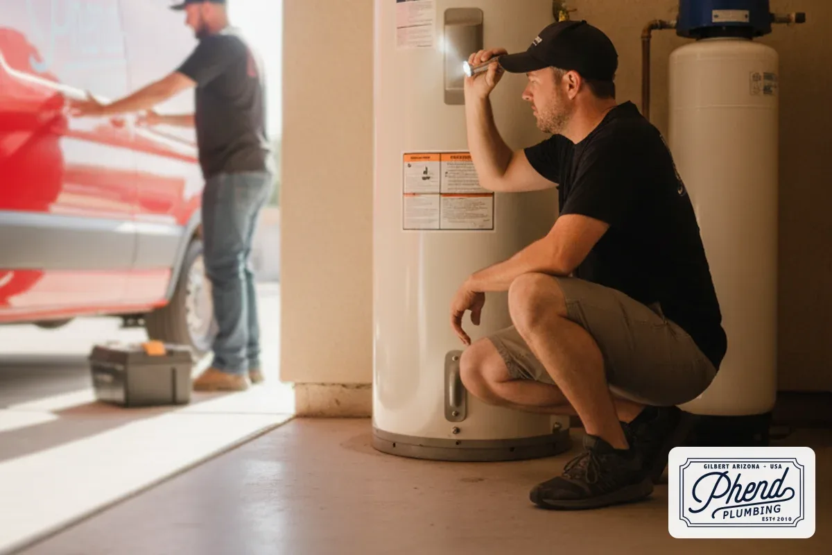 Homeowner reading water heater serial number label in a Phoenix area garage