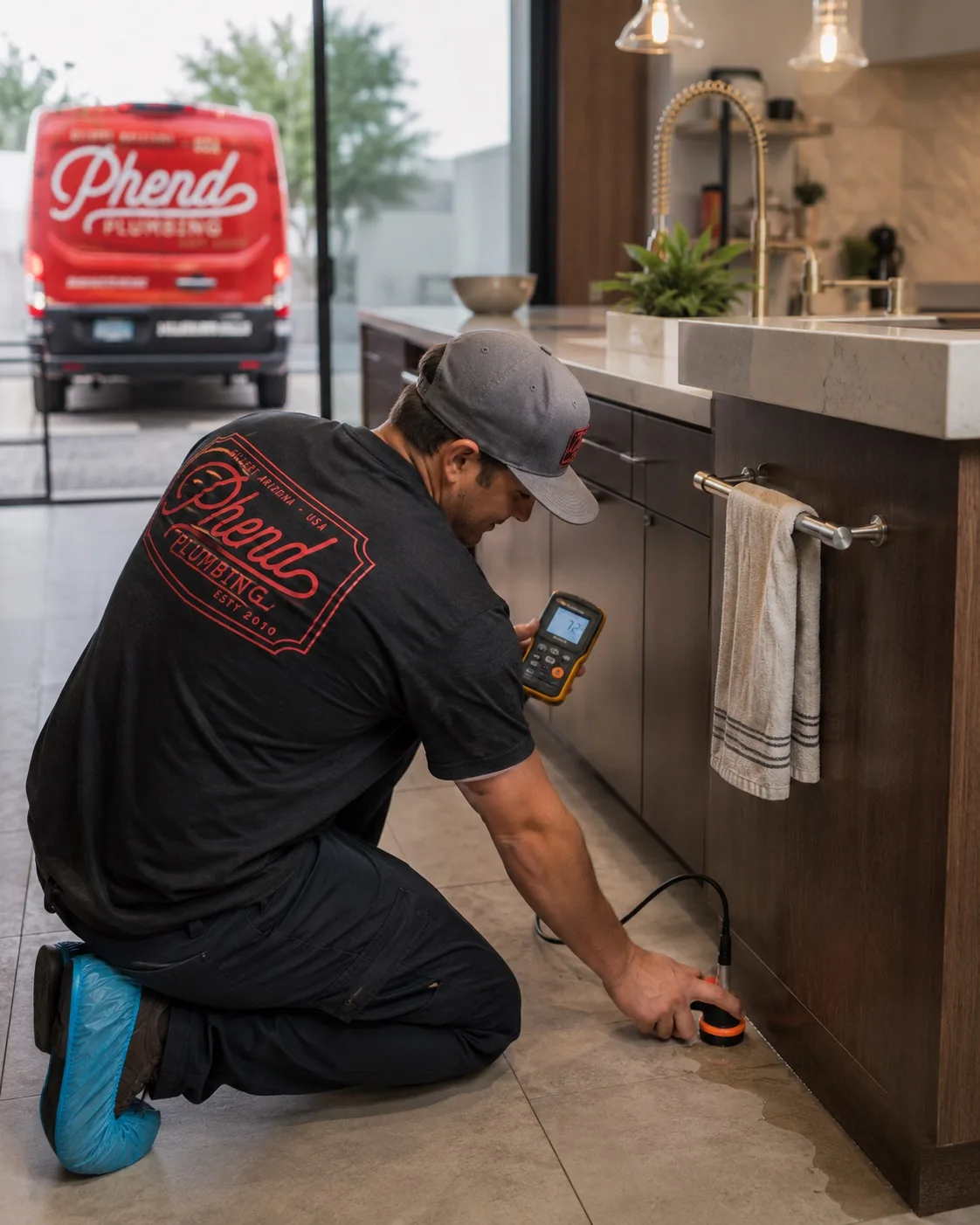 Phend Plumbing technician running a leak detector under a kitchen sink in a modern East Valley home