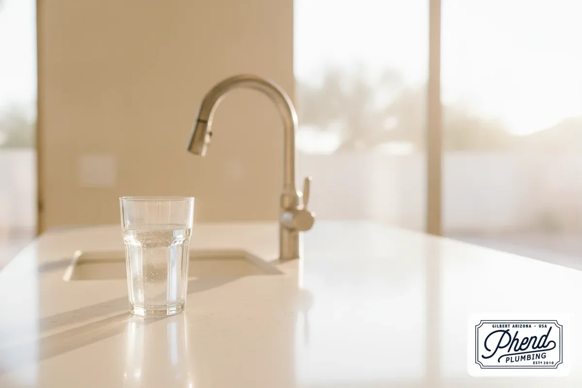 Glass of tap water next to a chrome kitchen faucet with white hard water scale buildup in a Tempe Arizona home