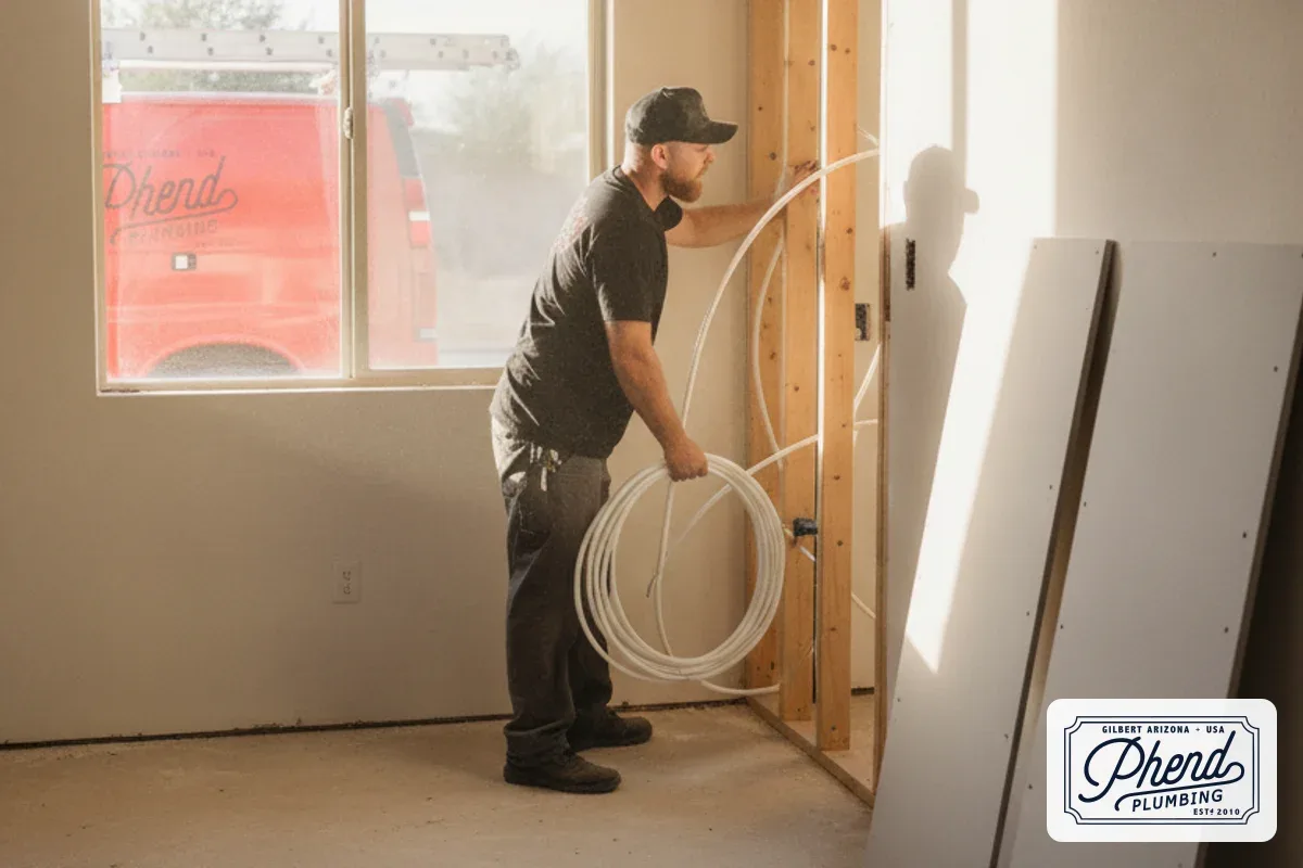 Plumber running PEX pipe through wall cavity during whole-home repipe in Mesa, Arizona home